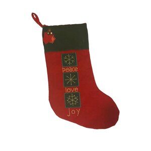 Christmas Stocking "Peace Love‎ Joy" Embroidered 100% Cotton 19” Red Green Bells